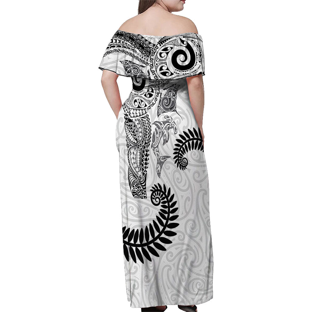 Aotearoa Maori Sea Animals Tribal Family Matching Off Shoulder Maxi Dress and Hawaiian Shirt Manta Ray and Shark Moko Pattern White Color