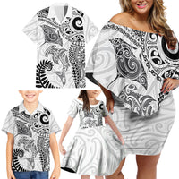 Aotearoa Maori Sea Animals Tribal Family Matching Off Shoulder Short Dress and Hawaiian Shirt Manta Ray and Shark Moko Pattern White Color