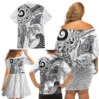 Aotearoa Maori Sea Animals Tribal Family Matching Off Shoulder Short Dress and Hawaiian Shirt Manta Ray and Shark Moko Pattern White Color