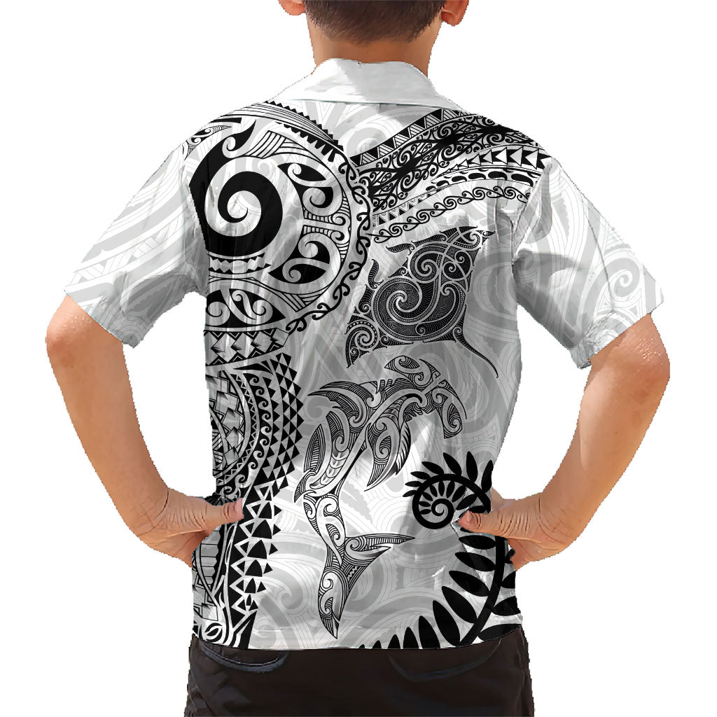 Aotearoa Maori Sea Animals Tribal Family Matching Short Sleeve Bodycon Dress and Hawaiian Shirt Manta Ray and Shark Moko Pattern White Color