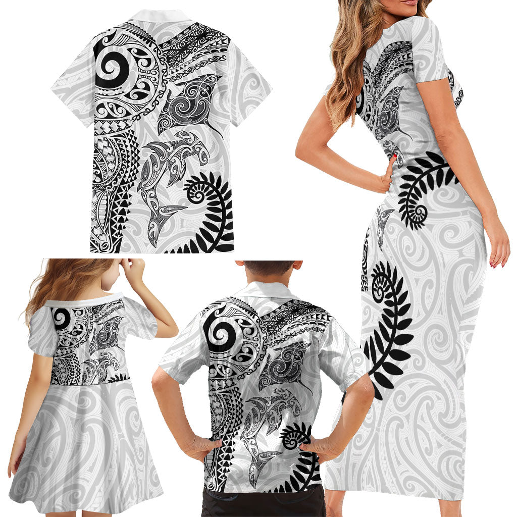 Aotearoa Maori Sea Animals Tribal Family Matching Short Sleeve Bodycon Dress and Hawaiian Shirt Manta Ray and Shark Moko Pattern White Color