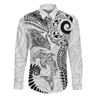 Aotearoa Maori Sea Animals Tribal Family Matching Short Sleeve Bodycon Dress and Hawaiian Shirt Manta Ray and Shark Moko Pattern White Color