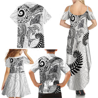 Aotearoa Maori Sea Animals Tribal Family Matching Summer Maxi Dress and Hawaiian Shirt Manta Ray and Shark Moko Pattern White Color