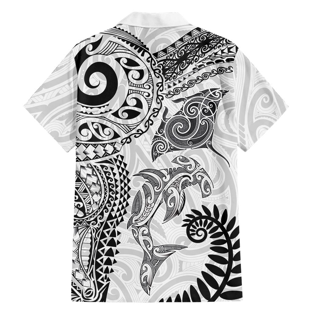 Aotearoa Maori Sea Animals Tribal Family Matching Summer Maxi Dress and Hawaiian Shirt Manta Ray and Shark Moko Pattern White Color