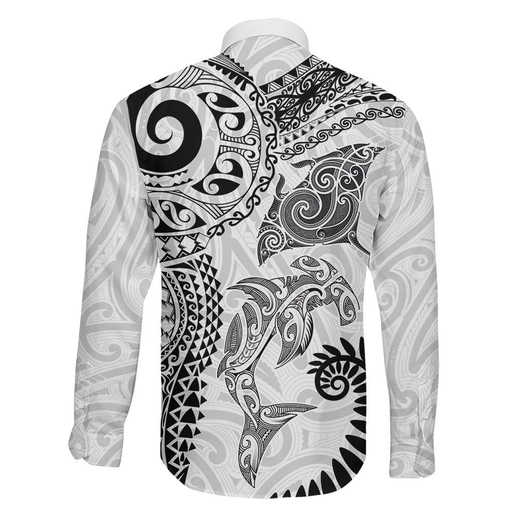 Aotearoa Maori Sea Animals Tribal Family Matching Summer Maxi Dress and Hawaiian Shirt Manta Ray and Shark Moko Pattern White Color