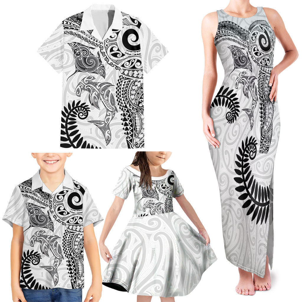 Aotearoa Maori Sea Animals Tribal Family Matching Tank Maxi Dress and Hawaiian Shirt Manta Ray and Shark Moko Pattern White Color