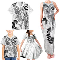 Aotearoa Maori Sea Animals Tribal Family Matching Tank Maxi Dress and Hawaiian Shirt Manta Ray and Shark Moko Pattern White Color