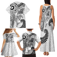 Aotearoa Maori Sea Animals Tribal Family Matching Tank Maxi Dress and Hawaiian Shirt Manta Ray and Shark Moko Pattern White Color