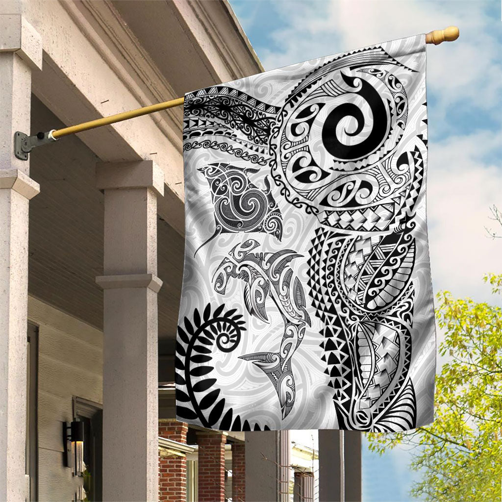 Aotearoa Maori Sea Animals Tribal Garden Flag Manta Ray and Shark Moko Pattern White Color LT03 House Flag White - Polynesian Pride