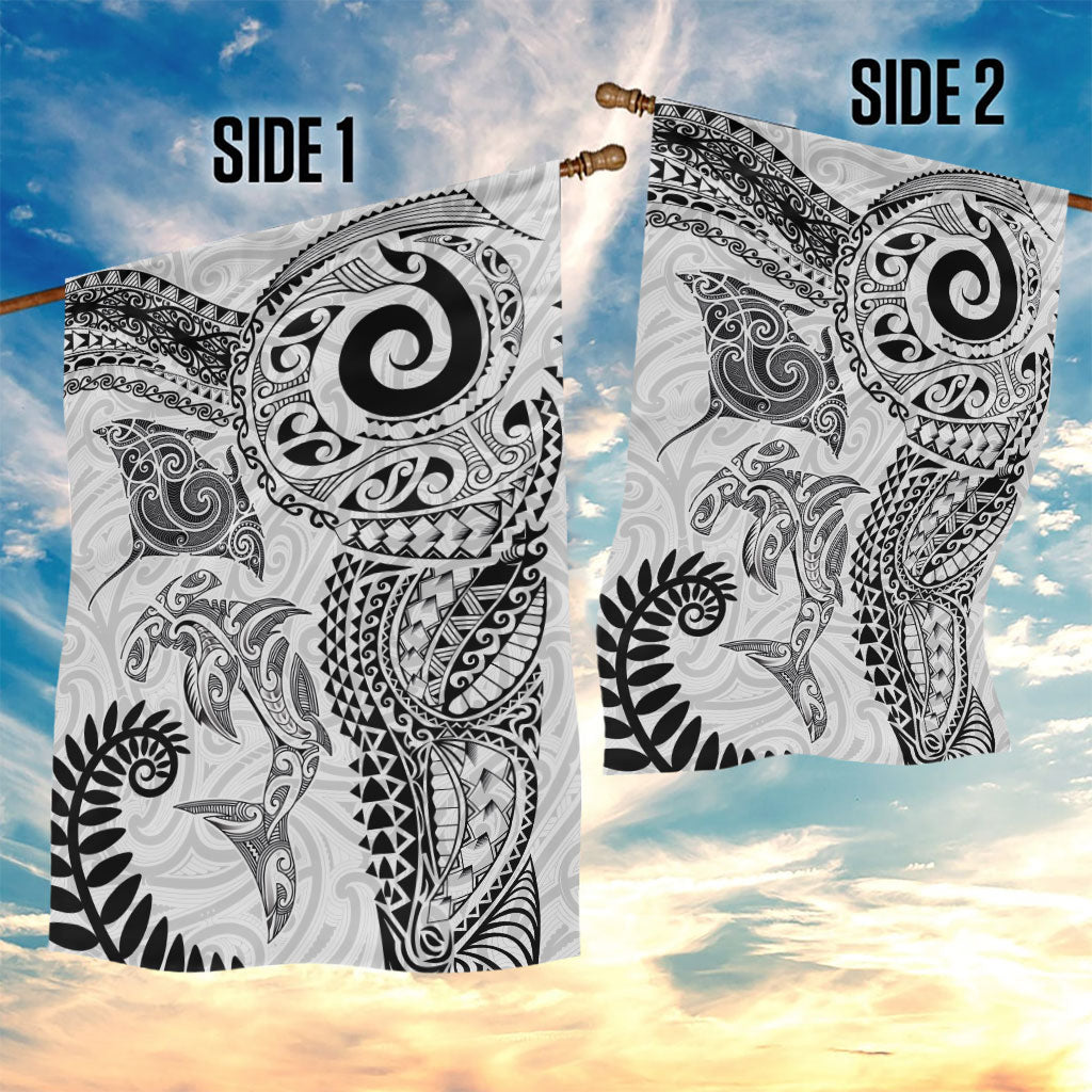 Aotearoa Maori Sea Animals Tribal Garden Flag Manta Ray and Shark Moko Pattern White Color