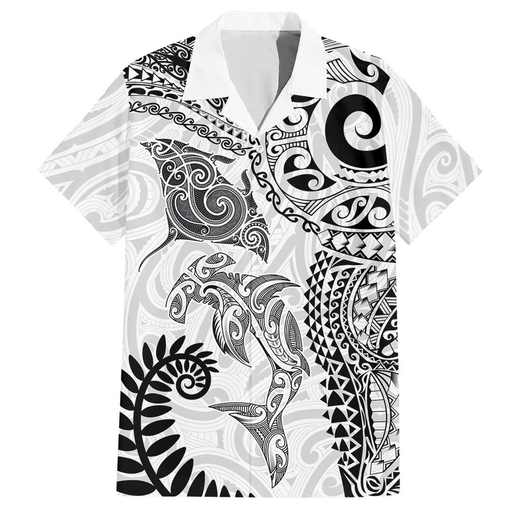 Aotearoa Maori Sea Animals Tribal Hawaiian Shirt Manta Ray and Shark Moko Pattern White Color