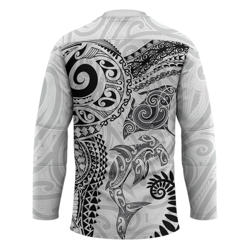 Aotearoa Maori Sea Animals Tribal Hockey Jersey Manta Ray and Shark Moko Pattern White Color