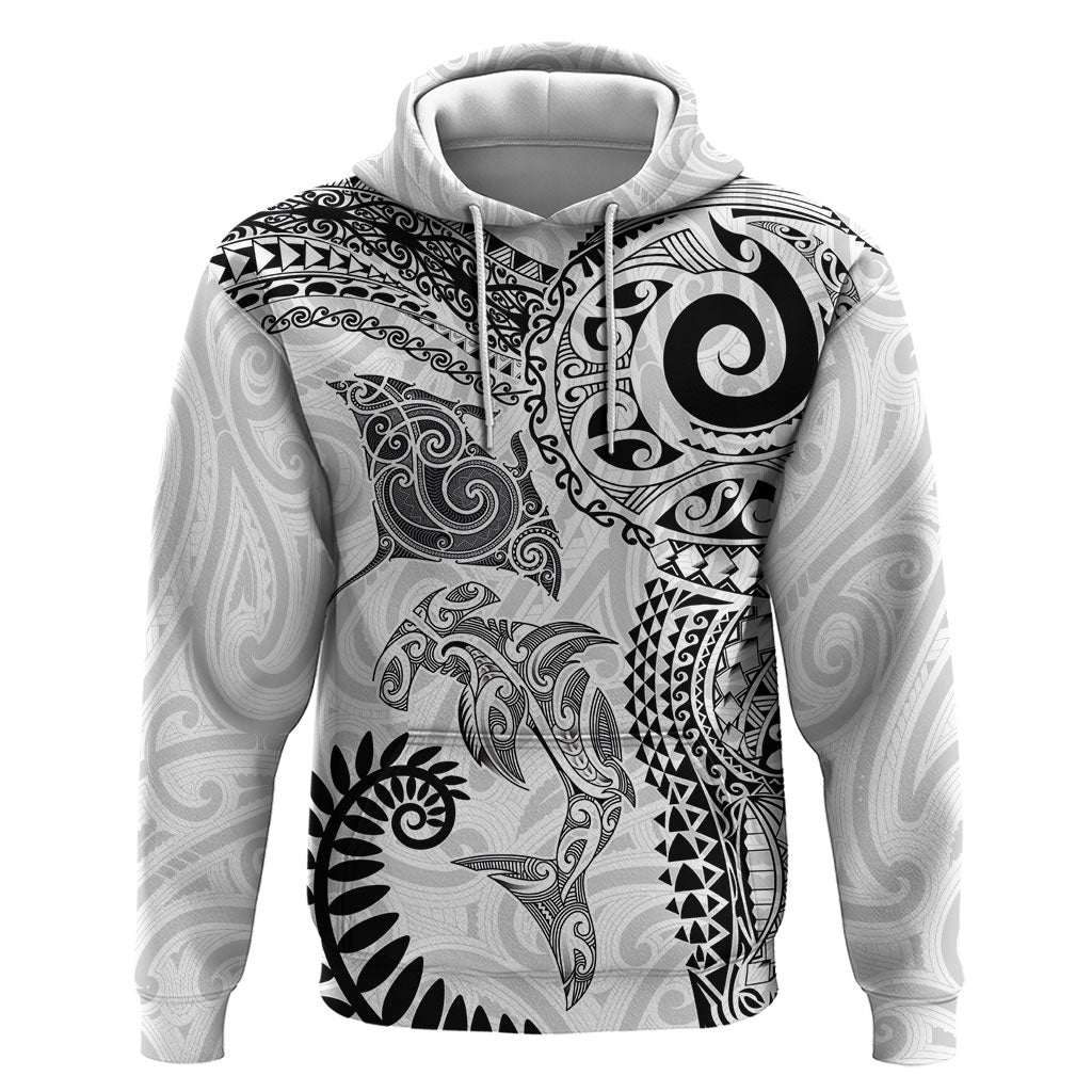 Aotearoa Maori Sea Animals Tribal Hoodie Manta Ray and Shark Moko Pattern White Color LT03 Pullover Hoodie White - Polynesian Pride