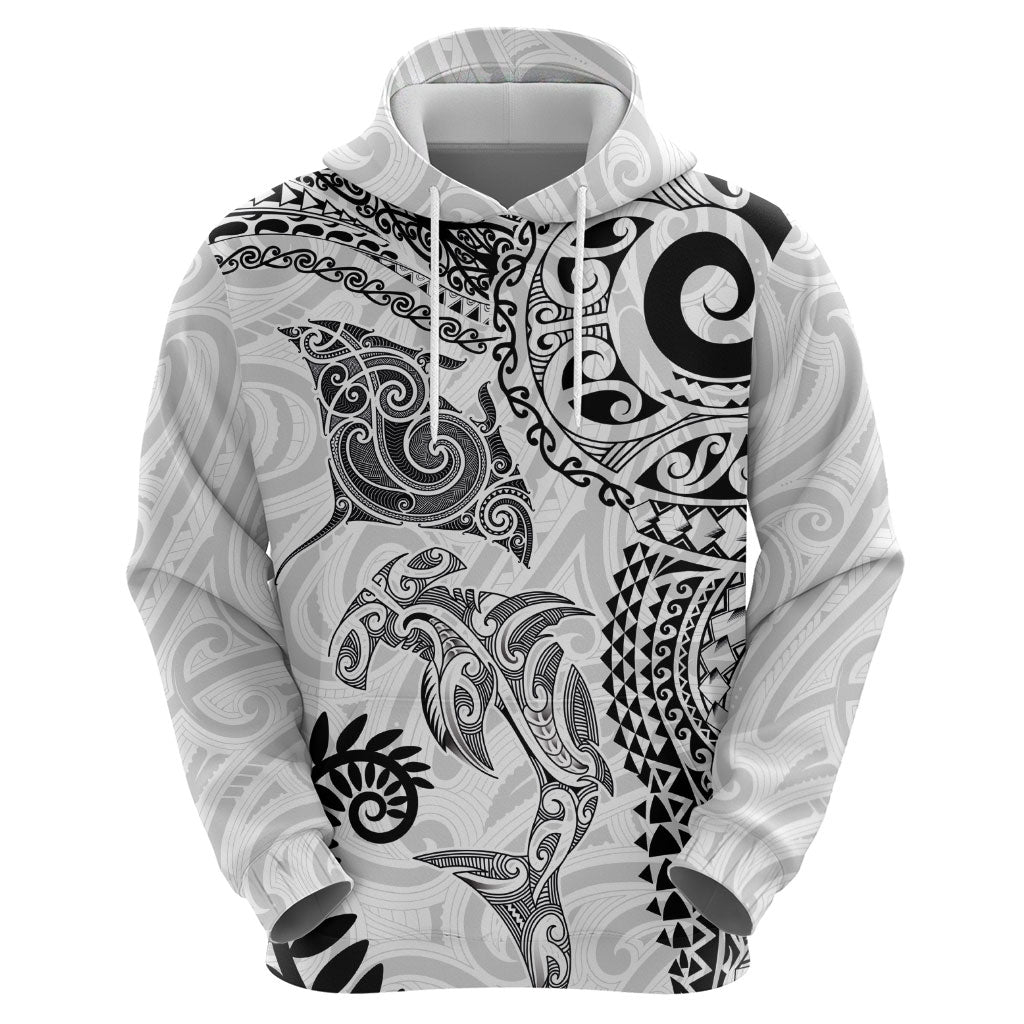 Aotearoa Maori Sea Animals Tribal Hoodie Manta Ray and Shark Moko Pattern White Color