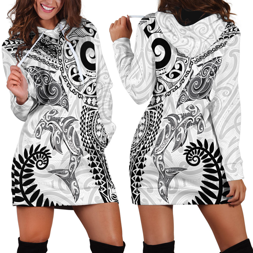 Aotearoa Maori Sea Animals Tribal Hoodie Dress Manta Ray and Shark Moko Pattern White Color