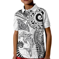 Aotearoa Maori Sea Animals Tribal Kid Polo Shirt Manta Ray and Shark Moko Pattern White Color