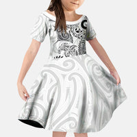 Aotearoa Maori Sea Animals Tribal Kid Short Sleeve Dress Manta Ray and Shark Moko Pattern White Color