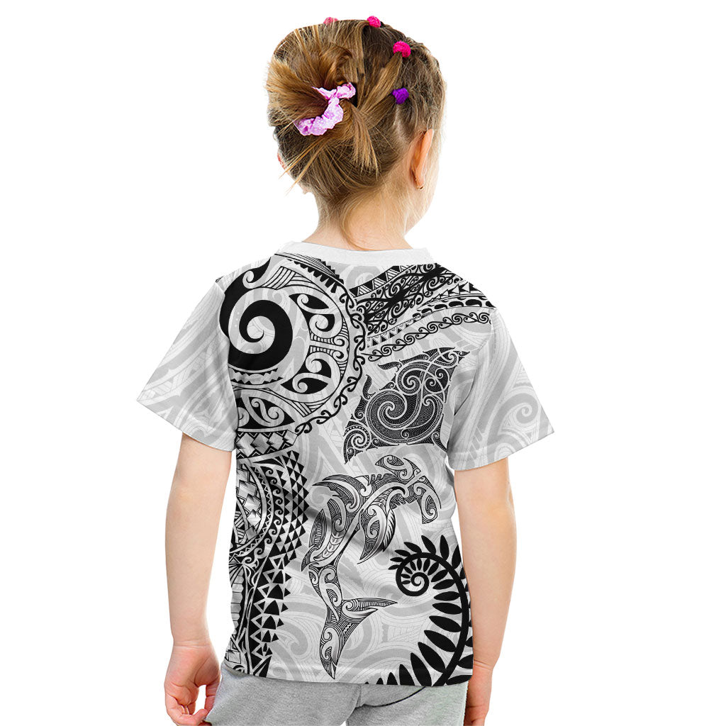Aotearoa Maori Sea Animals Tribal Kid T Shirt Manta Ray and Shark Moko Pattern White Color
