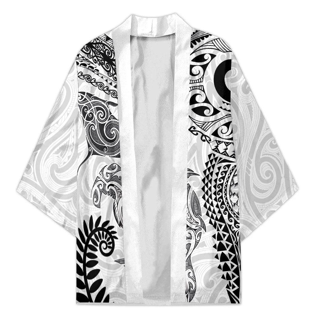 Aotearoa Maori Sea Animals Tribal Kimono Manta Ray and Shark Moko Pattern White Color LT03 Unisex White - Polynesian Pride