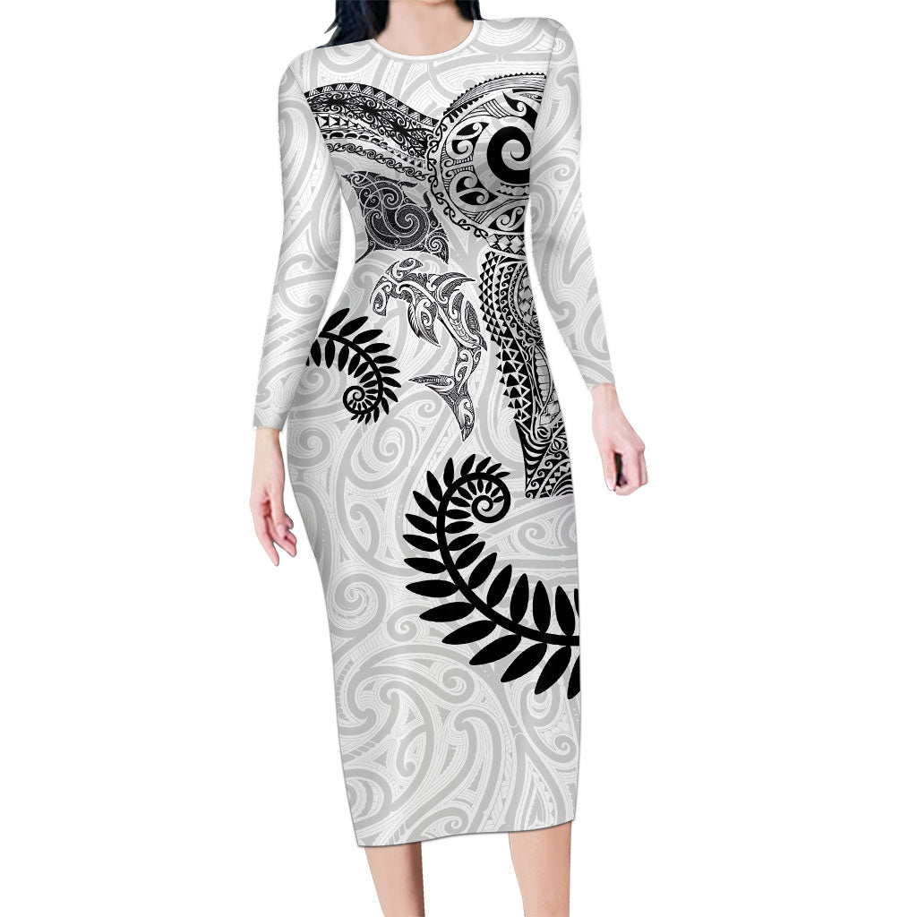 Aotearoa Maori Sea Animals Tribal Long Sleeve Bodycon Dress Manta Ray and Shark Moko Pattern White Color