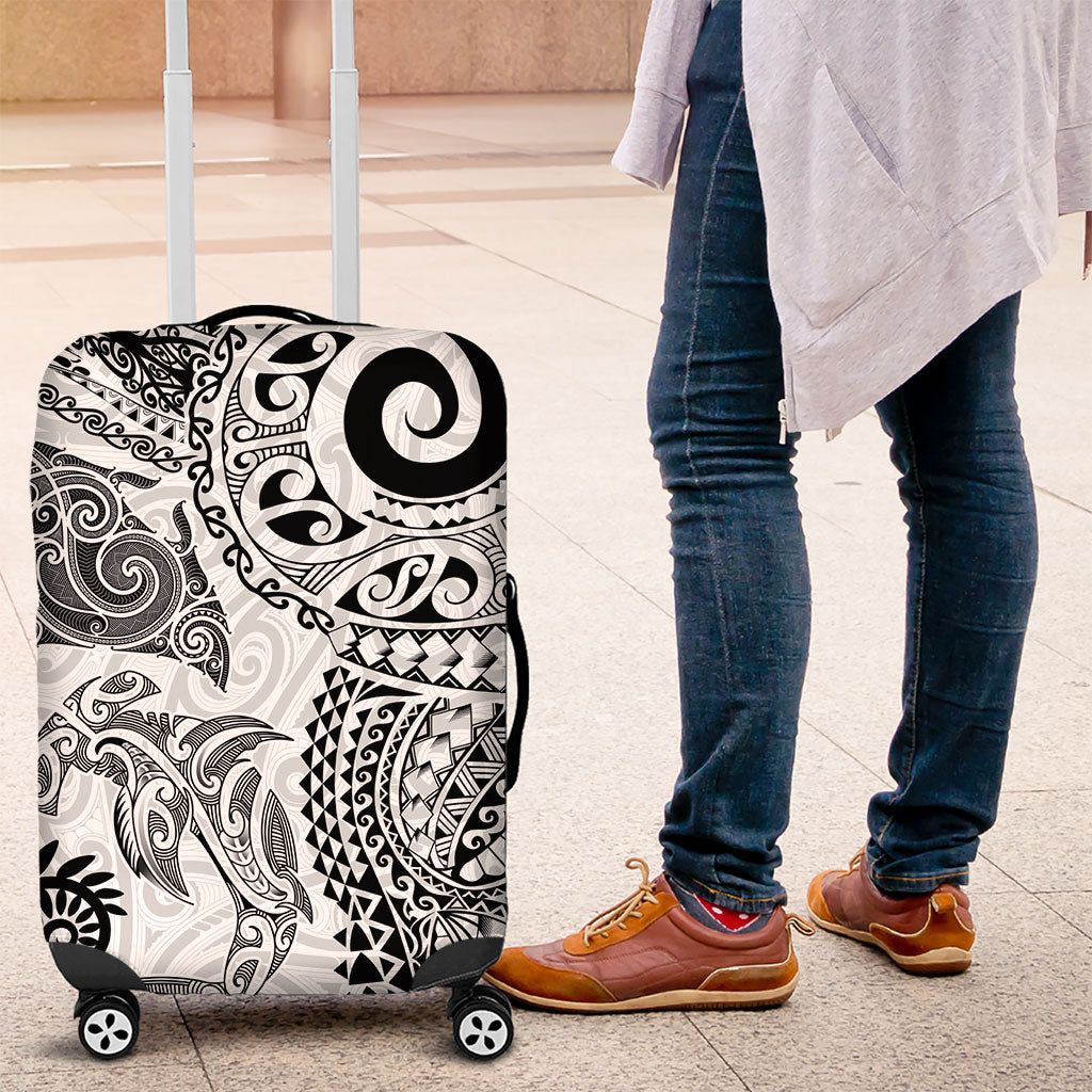 Aotearoa Maori Sea Animals Tribal Luggage Cover Manta Ray and Shark Moko Pattern White Color