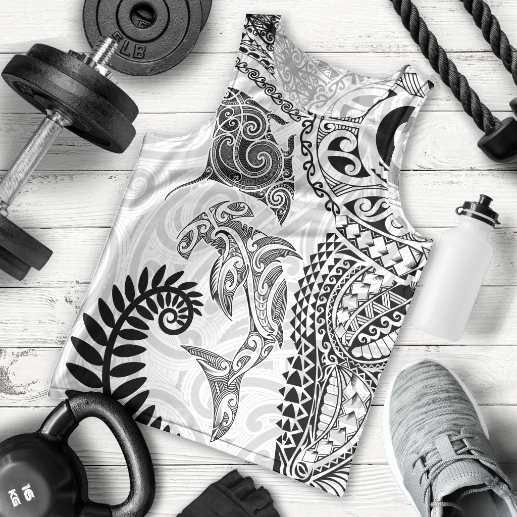 Aotearoa Maori Sea Animals Tribal Men Tank Top Manta Ray and Shark Moko Pattern White Color