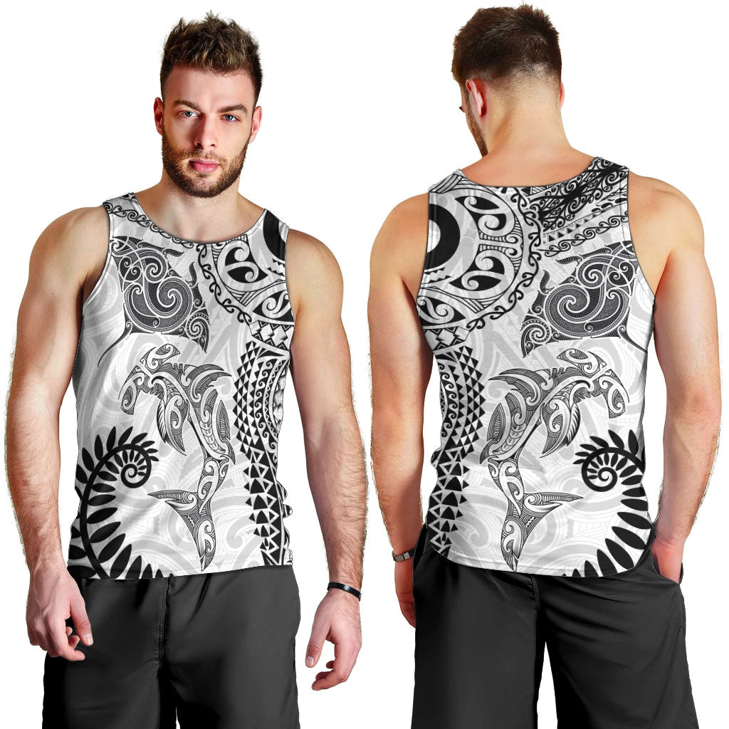 Aotearoa Maori Sea Animals Tribal Men Tank Top Manta Ray and Shark Moko Pattern White Color