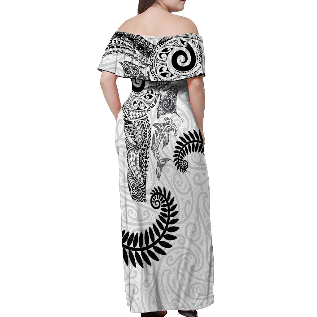 Aotearoa Maori Sea Animals Tribal Off Shoulder Maxi Dress Manta Ray and Shark Moko Pattern White Color