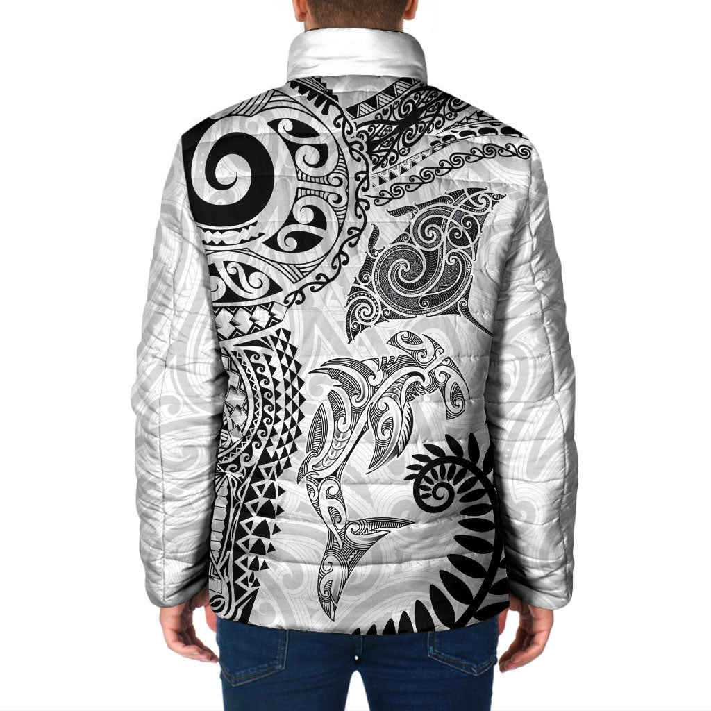 Aotearoa Maori Sea Animals Tribal Padded Jacket Manta Ray and Shark Moko Pattern White Color