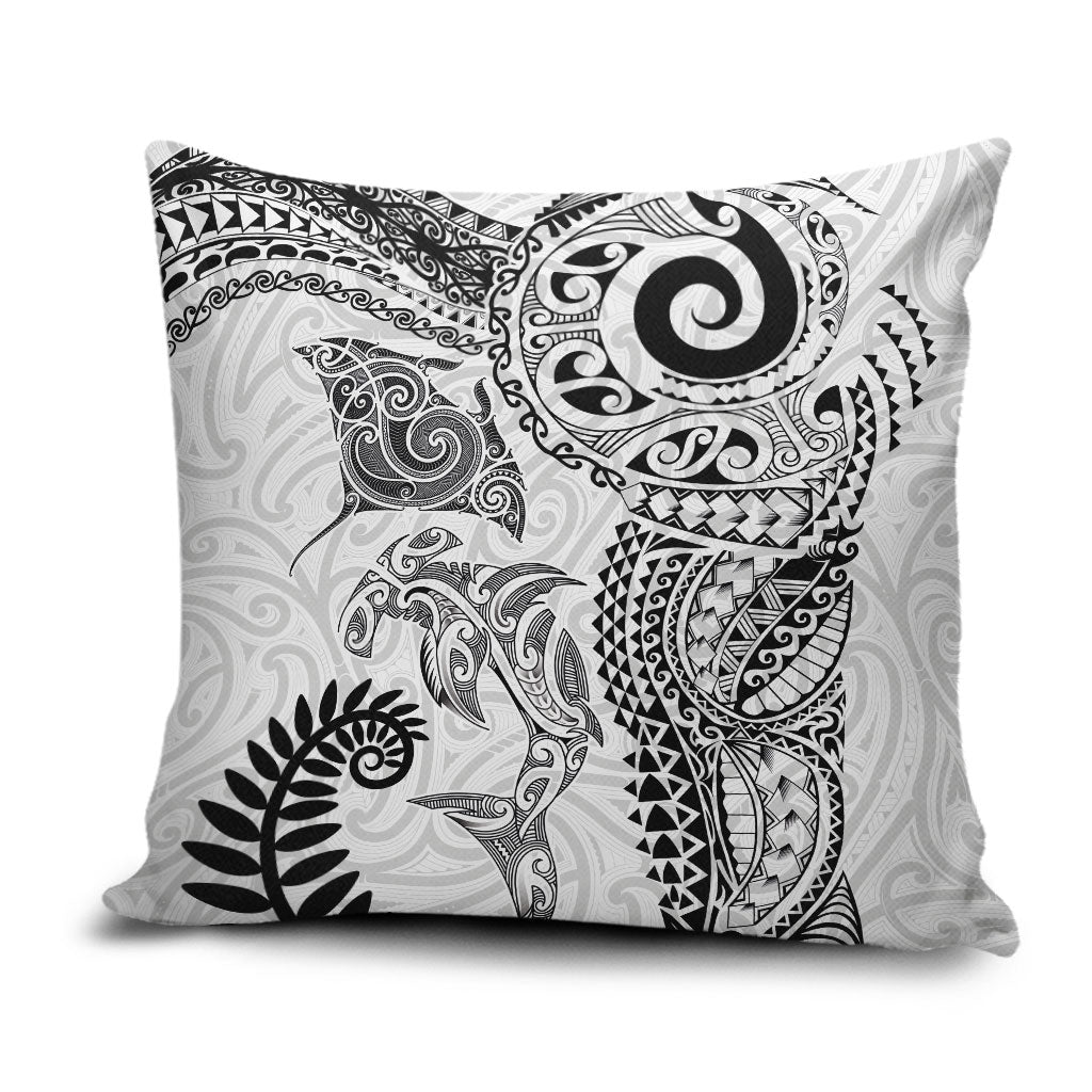 Aotearoa Maori Sea Animals Tribal Pillow Cover Manta Ray and Shark Moko Pattern White Color