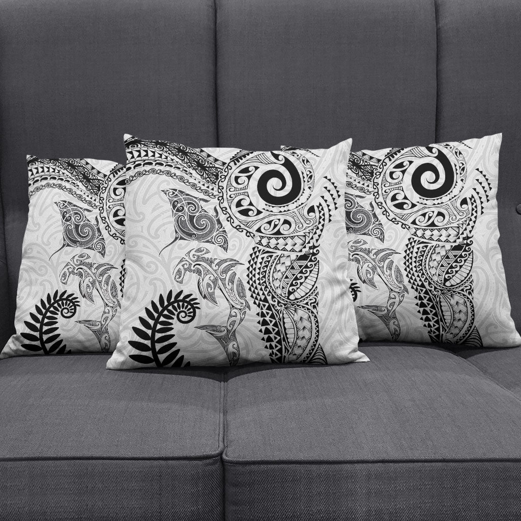 Aotearoa Maori Sea Animals Tribal Pillow Cover Manta Ray and Shark Moko Pattern White Color