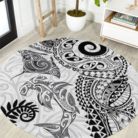 Aotearoa Maori Sea Animals Tribal Round Carpet Manta Ray and Shark Moko Pattern White Color