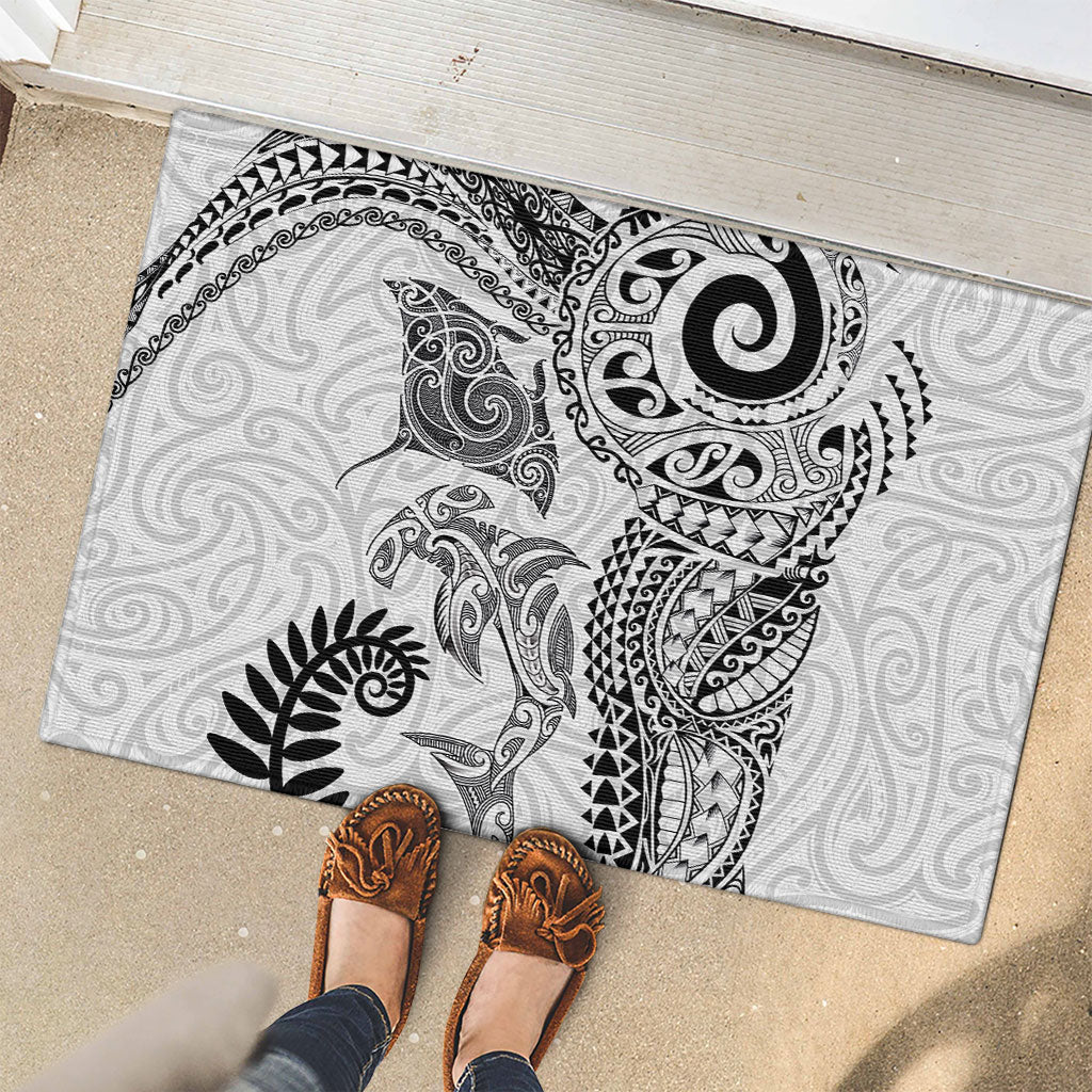 Aotearoa Maori Sea Animals Tribal Rubber Doormat Manta Ray and Shark Moko Pattern White Color