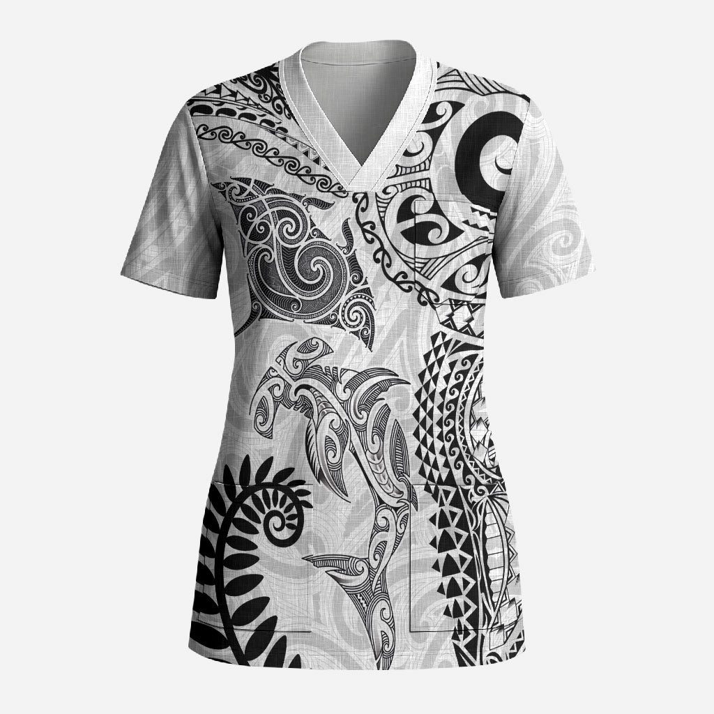 Aotearoa Maori Sea Animals Tribal Scrub Top Manta Ray and Shark Moko Pattern White Color LT03 Adult White - Polynesian Pride