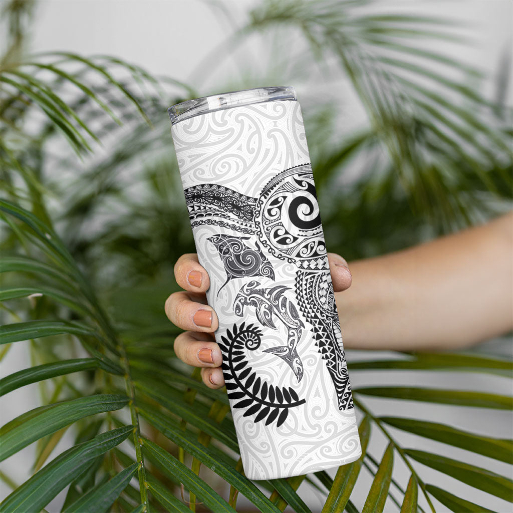 Aotearoa Maori Sea Animals Tribal Skinny Tumbler Manta Ray and Shark Moko Pattern White Color