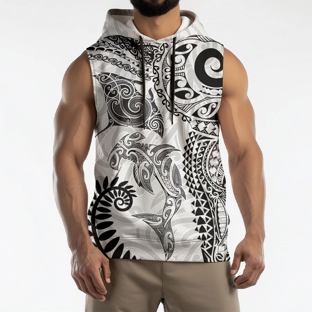Aotearoa Maori Sea Animals Tribal Sleeveless Hoodie Manta Ray and Shark Moko Pattern White Color