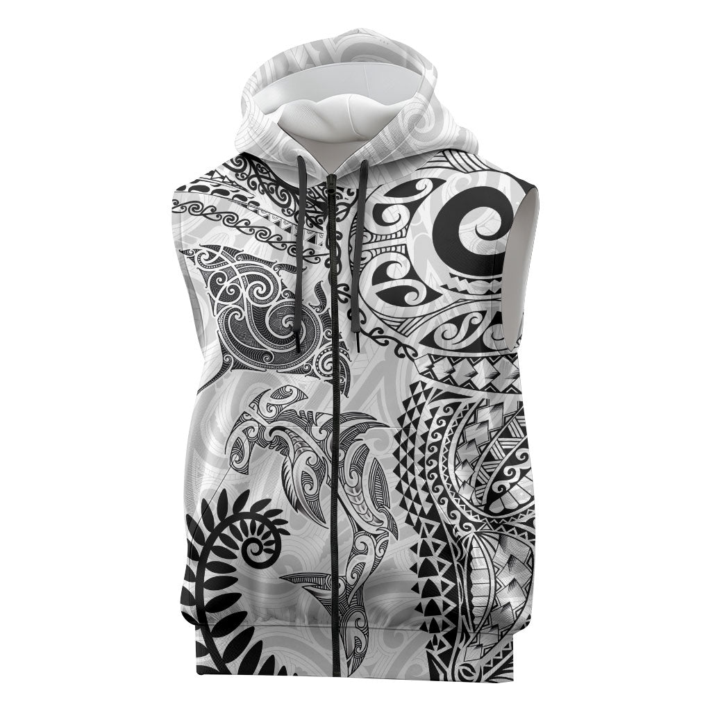 Aotearoa Maori Sea Animals Tribal Sleeveless Zip Hoodie Manta Ray and Shark Moko Pattern White Color