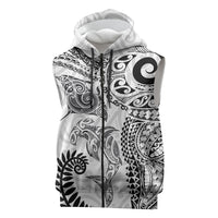 Aotearoa Maori Sea Animals Tribal Sleeveless Zip Hoodie Manta Ray and Shark Moko Pattern White Color