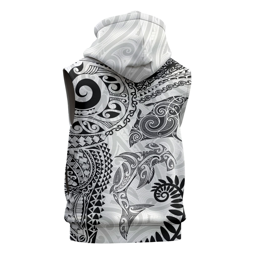 Aotearoa Maori Sea Animals Tribal Sleeveless Zip Hoodie Manta Ray and Shark Moko Pattern White Color