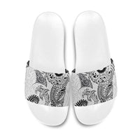 Aotearoa Maori Sea Animals Tribal Slide Sandals Manta Ray and Shark Moko Pattern White Color