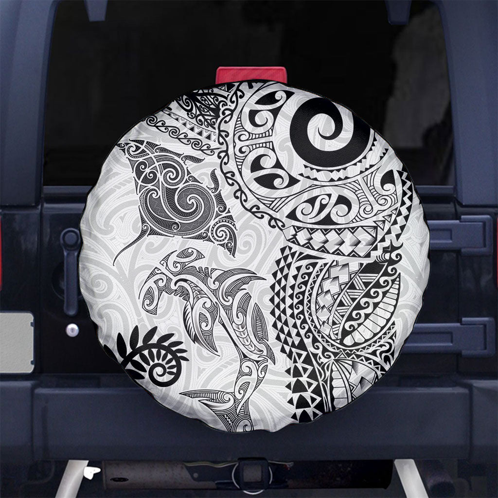 Aotearoa Maori Sea Animals Tribal Spare Tire Cover Manta Ray and Shark Moko Pattern White Color