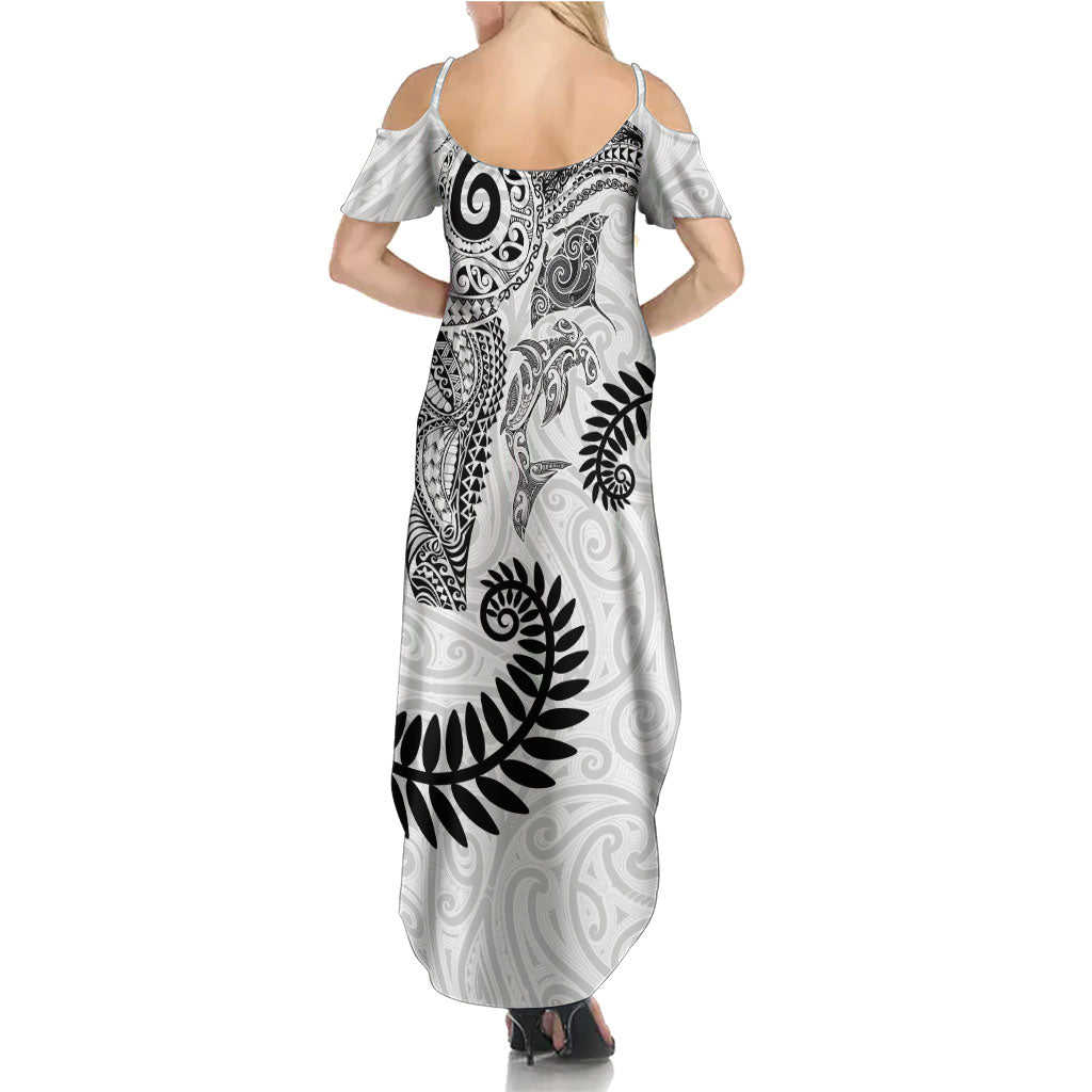 Aotearoa Maori Sea Animals Tribal Summer Maxi Dress Manta Ray and Shark Moko Pattern White Color