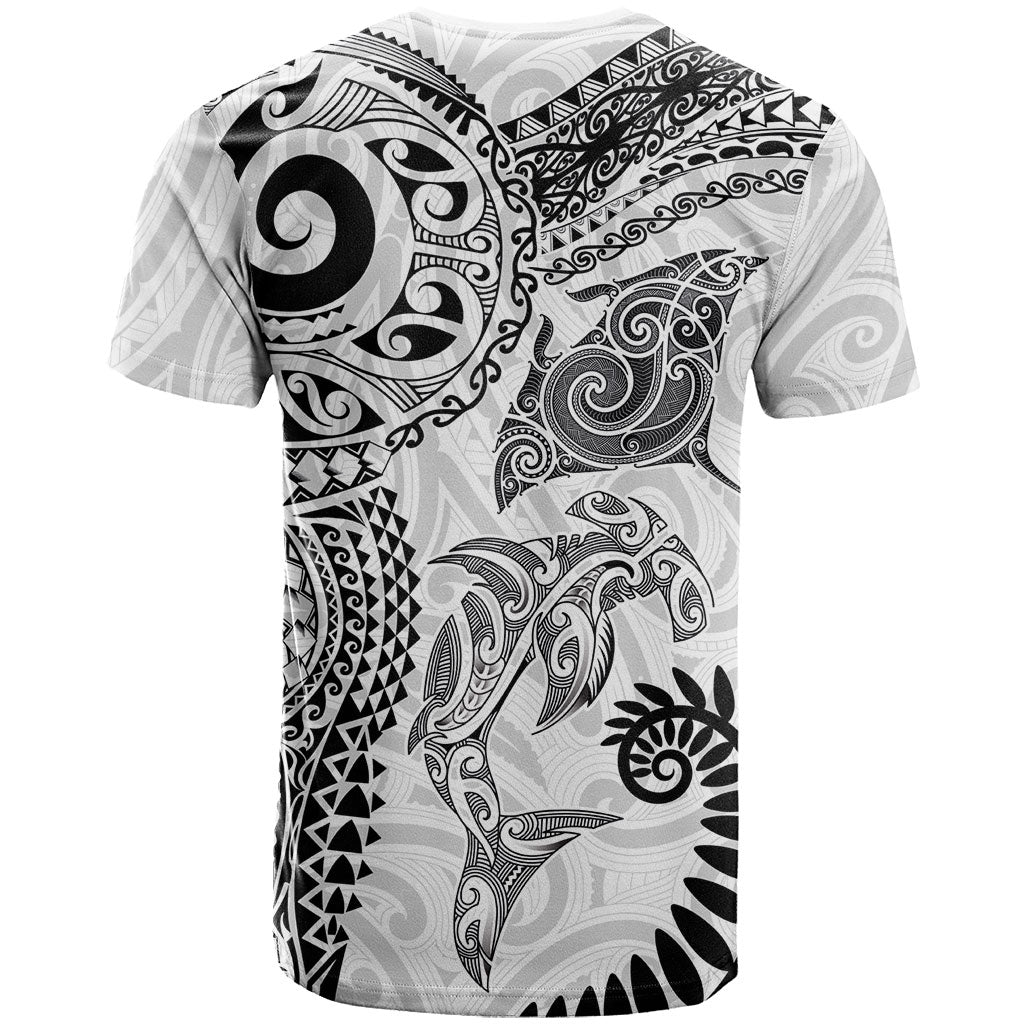 Aotearoa Maori Sea Animals Tribal T Shirt Manta Ray and Shark Moko Pattern White Color