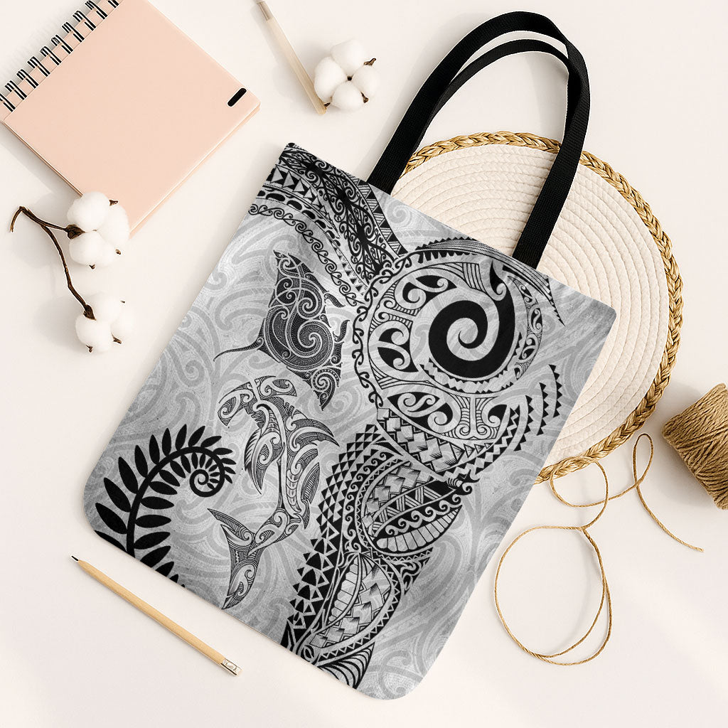 Aotearoa Maori Sea Animals Tribal Tote Bag Manta Ray and Shark Moko Pattern White Color