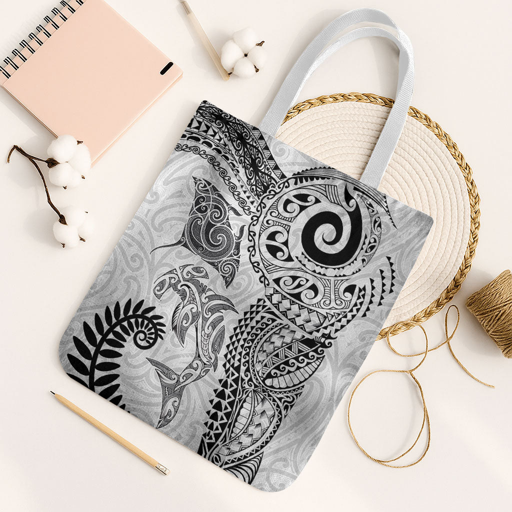 Aotearoa Maori Sea Animals Tribal Tote Bag Manta Ray and Shark Moko Pattern White Color