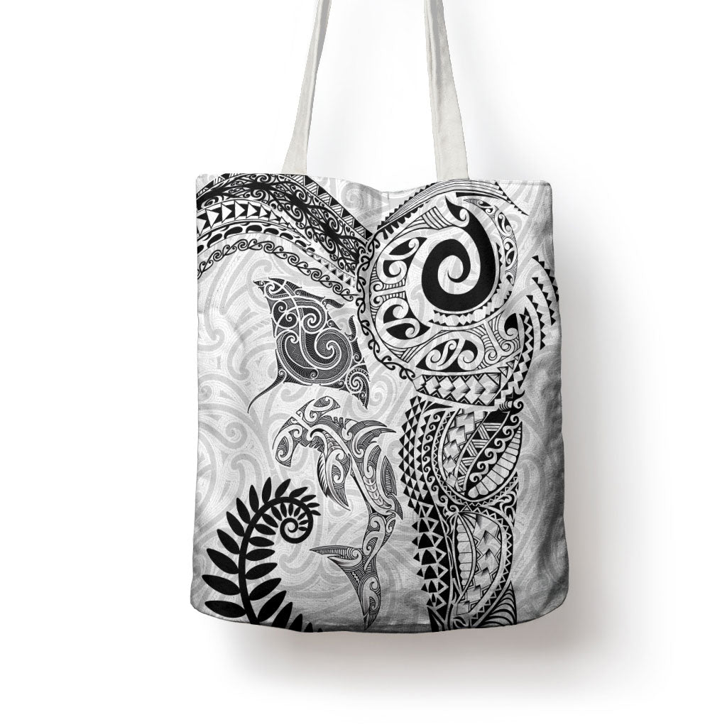 Aotearoa Maori Sea Animals Tribal Tote Bag Manta Ray and Shark Moko Pattern White Color