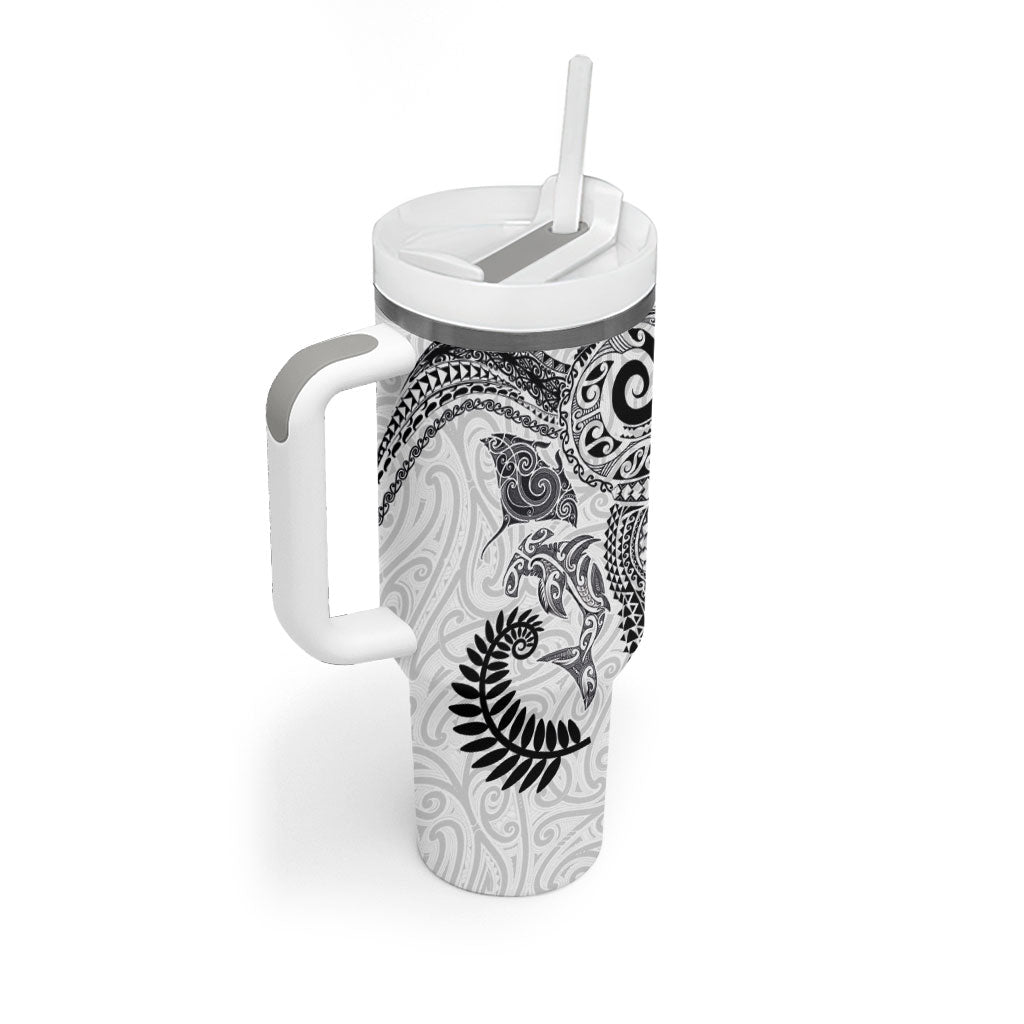 Aotearoa Maori Sea Animals Tribal Tumbler With Handle Manta Ray and Shark Moko Pattern White Color