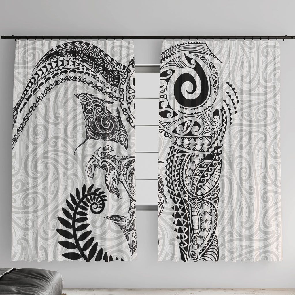 Aotearoa Maori Sea Animals Tribal Window Curtain Manta Ray and Shark Moko Pattern White Color