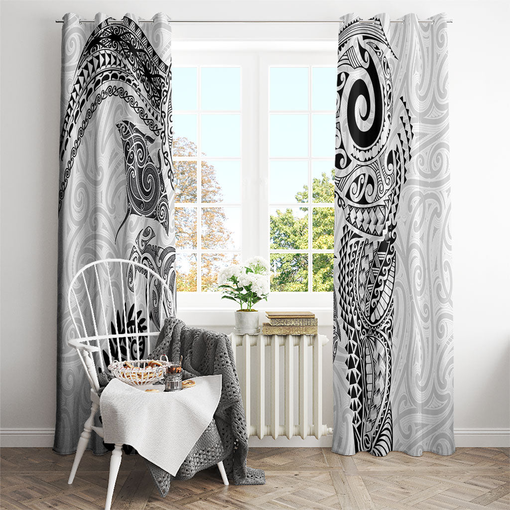 Aotearoa Maori Sea Animals Tribal Window Curtain Manta Ray and Shark Moko Pattern White Color
