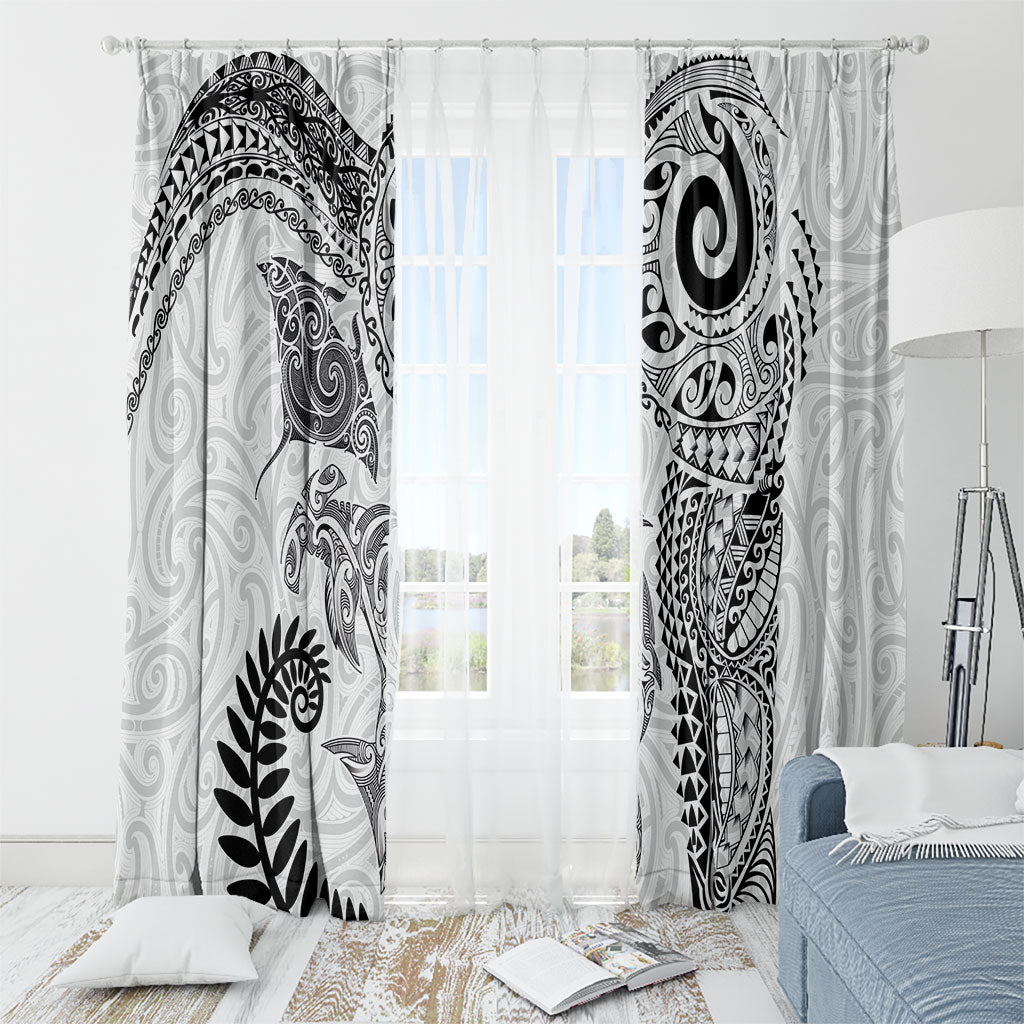 Aotearoa Maori Sea Animals Tribal Window Curtain Manta Ray and Shark Moko Pattern White Color